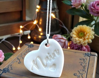 Nain Ceramic Heart Pendant.Welsh Love Heart Necklace .Porcelain Heart Pendant for Grandma.