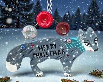 Handmade Ceramic Wolf Christmas Decoration with Vintage Buttons.Merry Christmas or Nadolig Llawen