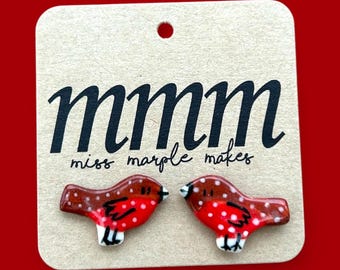 Handmade Ceramic Robin Stud Earrings, Silver Plated