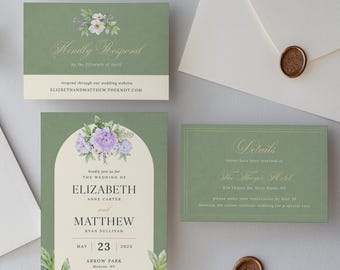 Sage Green Floral Wedding Invitation Suite: Canva Template (6 pc)