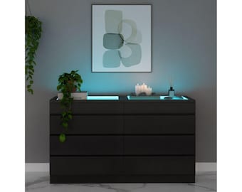 Modern 8 Drawer Dresser With RGB LED Lights, High Gloss Wood Chest Of Drawers For Bedroom Or Living Room Storage