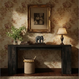 May include: A dark wood console table with a framed picture, a lamp, and a decorative elephant statue. A woven basket with yellow pom-poms sits below. The background features floral wallpaper and a vase of greenery.