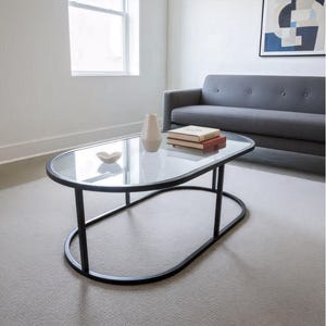 May include: Oval glass-top coffee table with a black metal frame. The table has a clear glass surface and a lower oval frame. A vase, a small bowl, and two books are on the table. The table is in a room with a gray sofa.