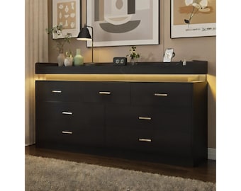 7 Drawer Dresser with LED Lights & USB Charging Station, Modern Chest of Drawers for Bedroom, Closet, Living Room Storage Cabinet