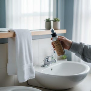 Op de afbeelding: Een zilverkleurige sprayfles met een zwarte spuitkop en een beige etiket met de tekst 'The Company Store' en 'Fresh Linen'. De fles wordt in een hand gehouden, bij een witte handdoek aan een houten plank boven een witte wastafel.