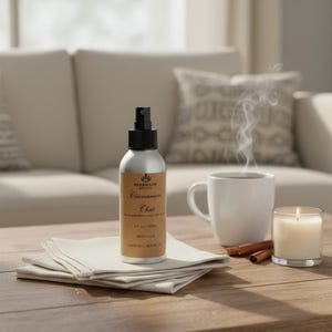 May include: A silver spray bottle with a tan label featuring the text Bearmark Studio, Cinnamon, Chai, 4 fl oz / 120ml, Made in USA, and Shake Well Before Use. The bottle sits on a stack of folded white napkins next to a white mug and a lit candle.