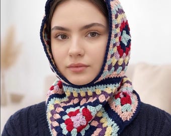 Granny Square Balaclava Hood Crochet Pattern, Unisex Winter Scoodie (English PDF Pattern)