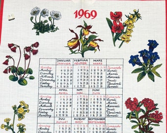 torchon vintage 1969 calendrier français | Fleurs avec bordure rouge