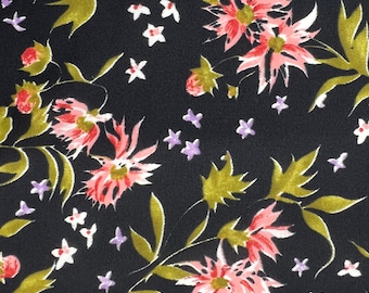 Vintage 1950s Floral Dress Fabric | Pink on Black Material  2 1/2 Yards