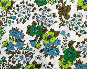 Vintage 60s Floral Cotton Fabric | Teal and Avocado Green | 2 1/2 Yards