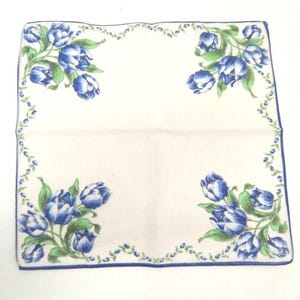 Vintage 1940s Handkerchief  | Blue & Green Tulip Hankie |  Dainty Floral Something Blue