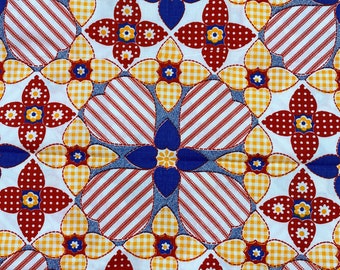 Vintage 70s Heart Print Cotton Fabric: Ticking Stripes, Polka Dots, Gingham - 1.5 Yards