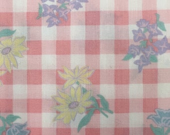 Vintage 80s Floral on Plaid Fabric Remnant | Pale Pastel Material | 5 yards