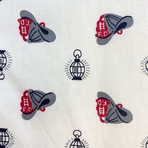 1960s Novelty Print Fabric Remnant | Firemans Helmet | Lightweight Cotton Material | 4 Yards