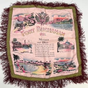 Vintage 40s Satin Souvenir Pillow Cover | Fort Buchanan Puerto Rico | Fringed Pillow Slip