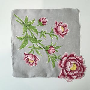 Vintage Floral Handkerchief | 1950s Pink and Gray Hanky with Old Fashioned Roses
