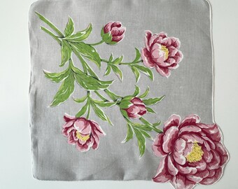 Lenço Floral Vintage | Lenço Rosa e Cinza dos anos 1950 com Rosas Antigas