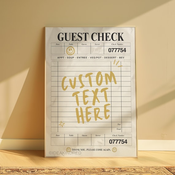 Personalize Guest Check Poster, Dorm Art Receipt Print, Custom Quotes Poster, Apartment Wall Decor,