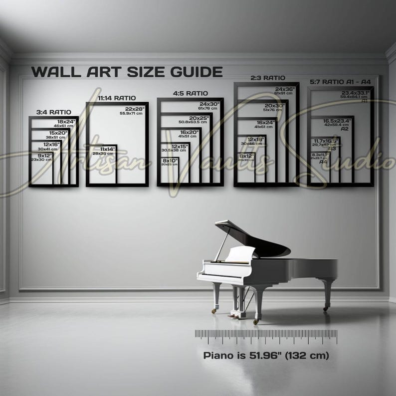 May include: A white grand piano with a black top sits in a room with a wall art size guide. The guide displays various frame sizes in inches and centimeters, including 18x24, 22x28, and 24x36. The piano is 51.96 inches (132 cm) long.