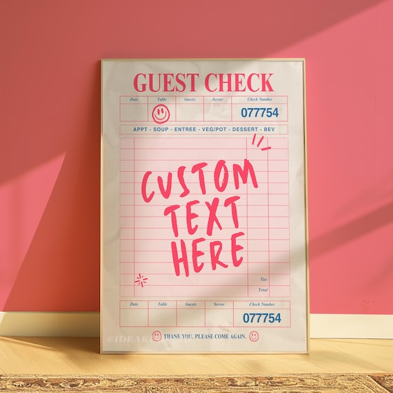 Personalize Guest Check Poster, Retro Pink Receipt Print, Custom Quotes Poster, Girl Dorm Decor