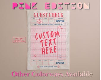 Personalize Guest Check Poster, Pink Edition Custom Receipt Art, Dopamine Decor Typography Print