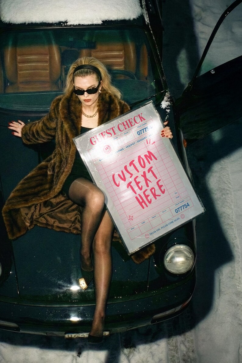 May include: A woman wearing sunglasses and a brown fur coat sits on a dark green car, holding a large guest check. The check has the text "GUEST CHECK" and "CUSTOM TEXT HERE" in red. The car is parked in a snowy environment.