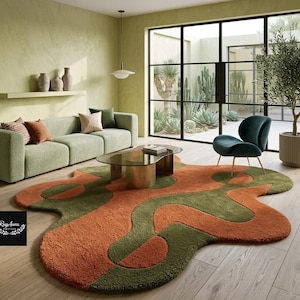 Tufted Wool Rug Green Terracotta Custom Size 8x10 Organic Abstract Area Rug Handmade Living Room Rug Irregular Shape Statement Carpet.
