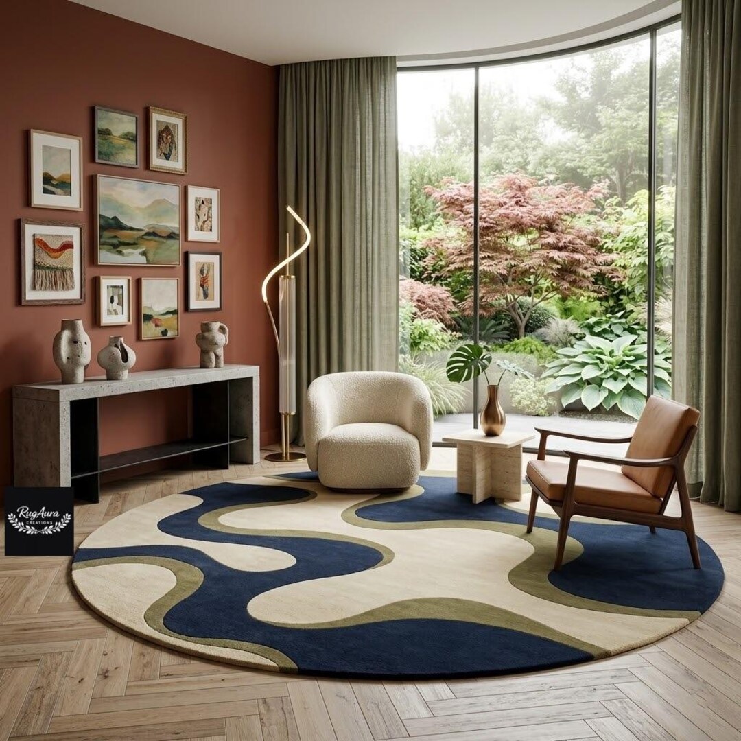 Contemporary Wavy Area Rug Large Round Rug 7x7 Feet for Bedroom Mid ...