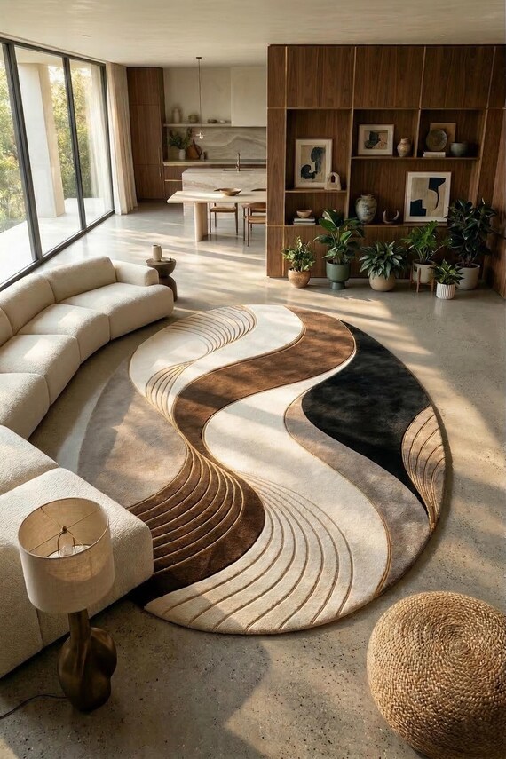 Tufted Wool Rug 6x9 Beige Rug Modern Rug Large Rug Living Room Rug Hand Tufted Brown Black Wavy Abstract Geometric Luxury Rug Modern Home.