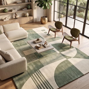 Modern Sage Green Geometric Area Rug 6x9 Feet Minimalist Cream and Olive Hand Tufted Wool Rug for Luxury Living Room Rug Contemporary Decor.