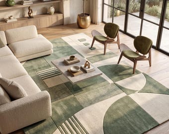 Modern Sage Green Geometric Area Rug 6x9 Feet Minimalist Cream and Olive Hand Tufted Wool Rug for Luxury Living Room Rug Contemporary Decor.