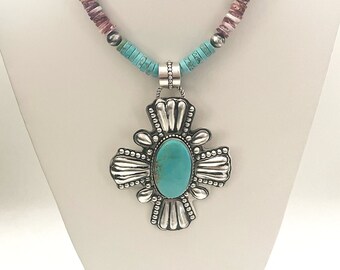 Handcrafted One Of A Kind Kings Manassa Pendant with Kingman Turquoise beads, Purply Spiny Oster Beads and Navajo Pearls 925 Sterling Silver