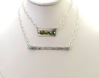 Handcrafted One Of a Kind 925 Sterling Silver Bar Necklaces with  Kingman and Sonora Gold turquoise
