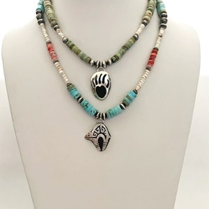 Handcrafted One of a Kind Turquoise and Spiny Oyster Necklaces with Pendant and 925 Sterling Silver Navajo Pearls. One of a Kind