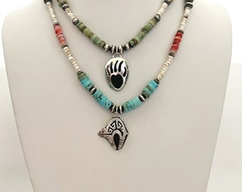 Handcrafted One of a Kind Turquoise and Spiny Oyster Necklaces with Pendant and 925 Sterling Silver Navajo Pearls. One of a Kind