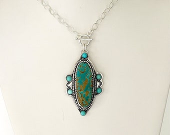 Handcrafted King's Manassa Turquoise Necklace with Chain in 925 Sterling Silver. One of a Kind