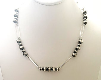 Handcrafted One Of A Kind Navajo Pearl Necklace with Paperclip Chain in 925 Sterling Silver 18 inches
