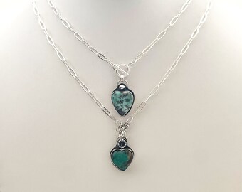 Handcrafted One Of a Kind 925 Sterling Silver Paper Clip Necklace with Royston Turquoise Heart Pendant. One of a Kind