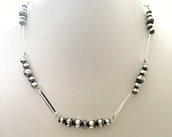 Handcrafted One Of A Kind Navajo Pearl Necklace with Paperclip Chain in 925 Sterling Silver 19 inches