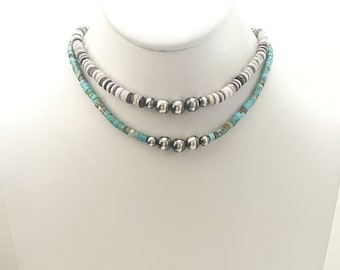 Handcrafted One of A Kind 16 Inch Choker Necklaces with Navajo Pearls, Wampum and Turquoise beads in 926 Sterling Silver