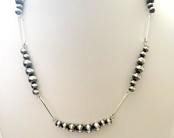 Handcrafted One Of A Kind Navajo Pearl Necklace with Paperclip Chain in 925 Sterling Silver 20 inches