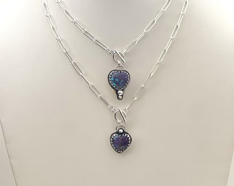 Handcrafted One Of a Kind 925 Sterling Silver Paper Clip Necklace with Purple Mohave Desert Heart Pendant. One of a Kind