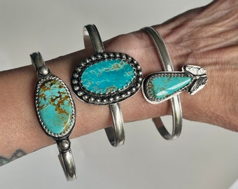 One of a Kind Handcrafted Stacker Bracelets in 925 Sterling Silver. Turquoise Mountain and Kings Manassa Turquoise