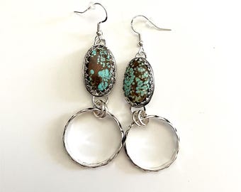 Handcrafted One of A Kind Dangle earrings in 925 Sterling Silver and Number 8 Turquoise