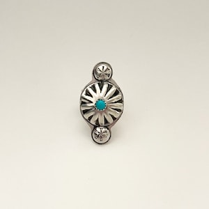 Handcrafted Sterling Silver Concho Ring: Kingman Turquoise, Size 6.5 Adjustable