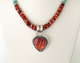 Handcrafted One Of a Kind 925 Sterling Silver Spiny Oyster Heart Pendant with Spiny Oyster, Navajo Pearls and Turquoise Necklace