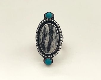 Handcrafted One of A Kind Ring with White Buffalo and Kingman Turquoise in 925 Sterling Silver Size 7.5 Adjustable
