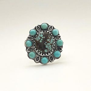 Handcrafted Ring with Number 8 and Kingman Turquoise in 925 Sterling Silver. One of a kind