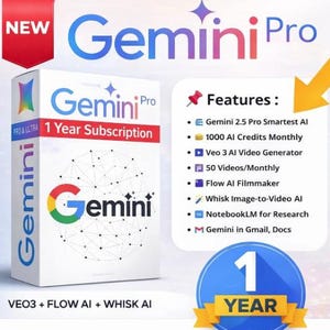 May include: A white box with the text "Gemini Pro" and "1 Year Subscription". The box features the Gemini logo and a list of features including AI tools. A red banner reads "NEW". A blue badge says "1 YEAR".