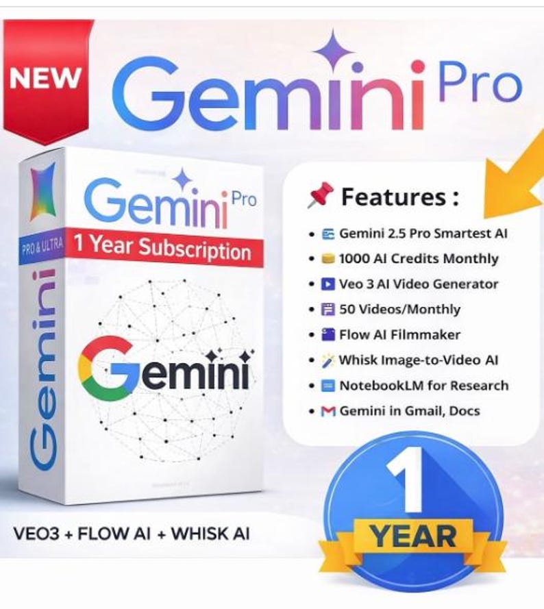 May include: A white box with the text "Gemini Pro" and "1 Year Subscription". The box features the Gemini logo and a list of features including AI tools. A red banner reads "NEW". A blue badge says "1 YEAR".